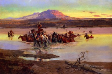 Indios americanos Painting - Vadeando la manada de caballos 1900 Charles Marion Russell Indios Americanos